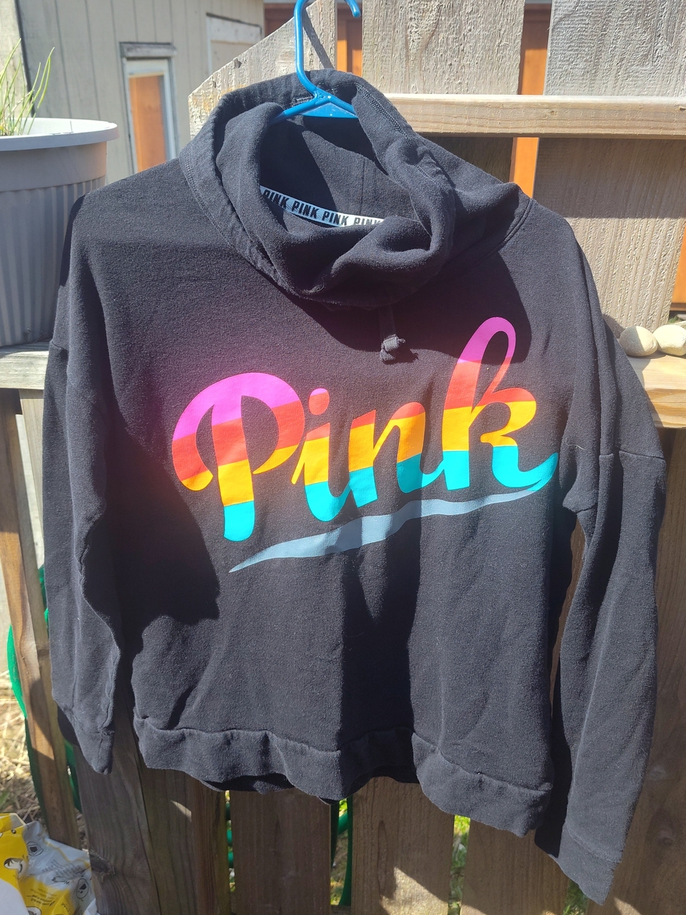 PINK Black Hoodie with Rainbow Script